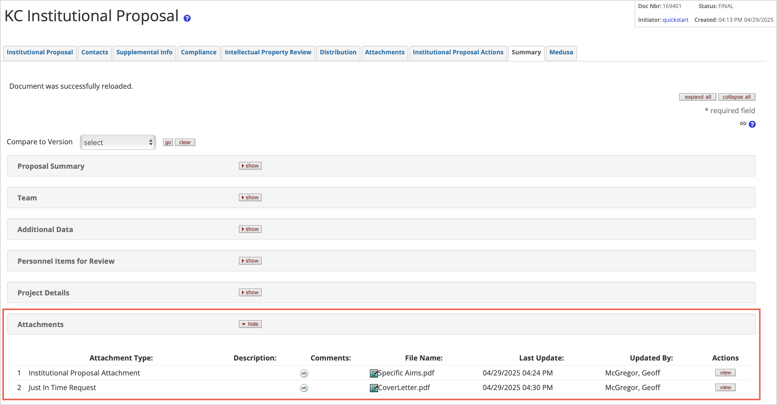 IP Summary Attachments Example