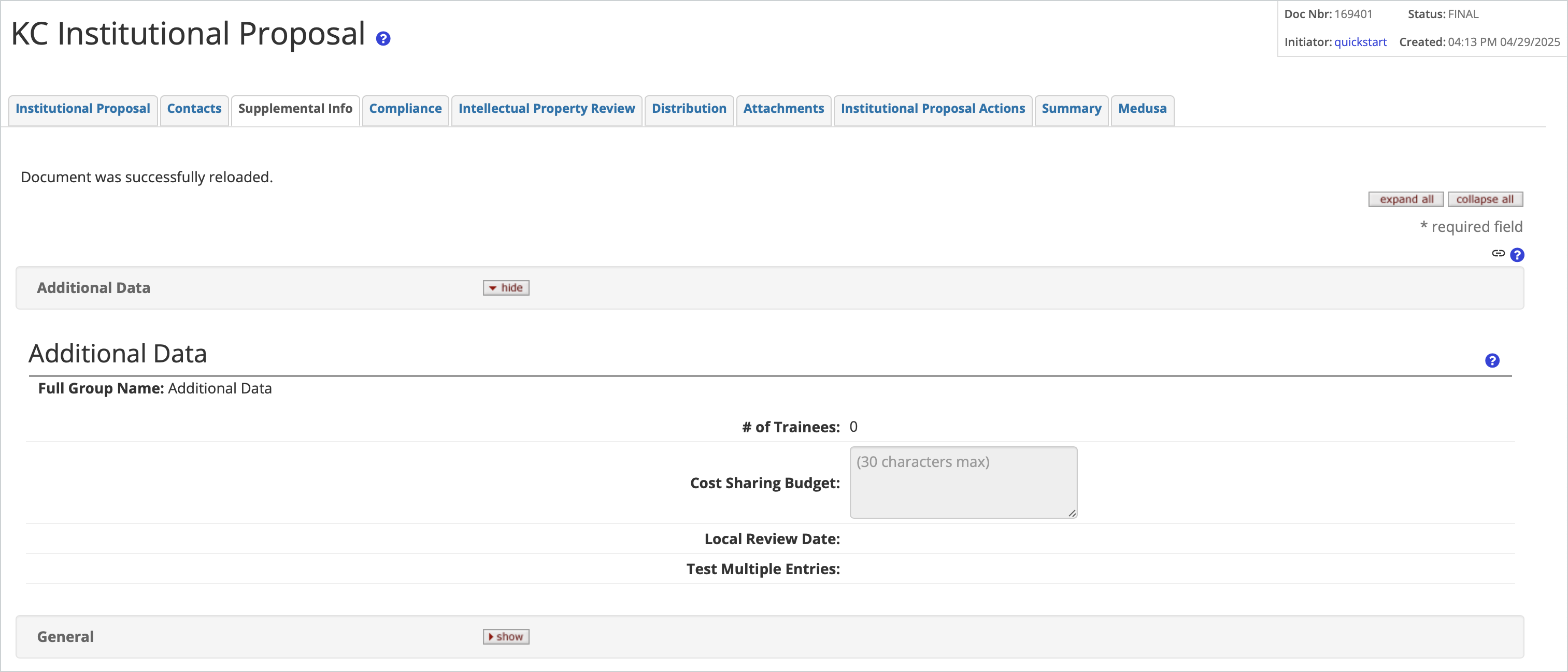 Institutional Proposal Supplemental Info tab