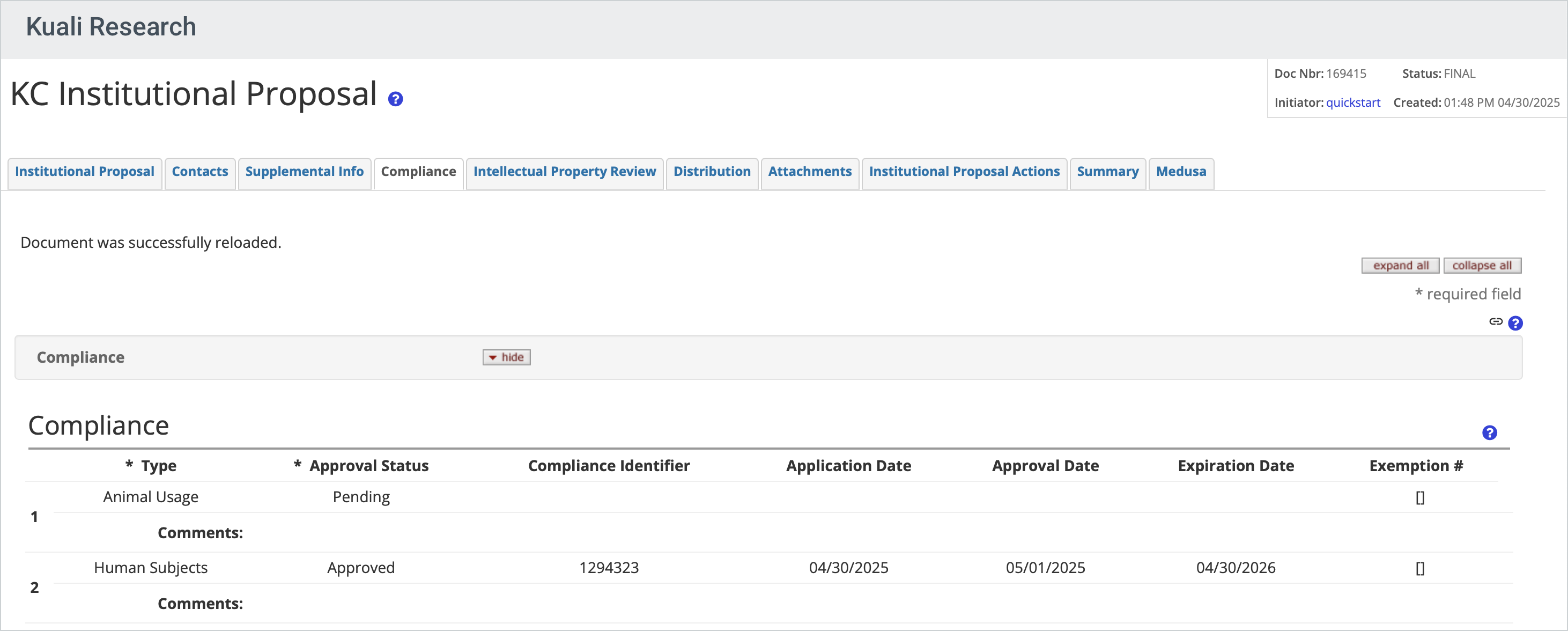 Institutional Proposal Compliance tab