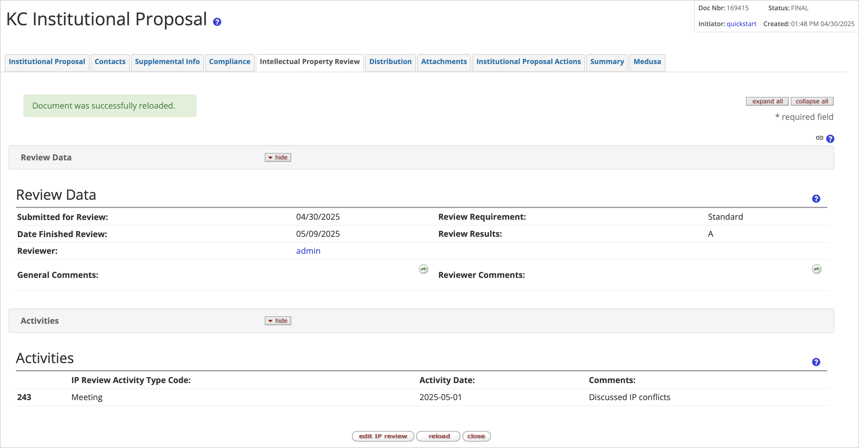 Institutional Proposal Intellectual Property Review tab