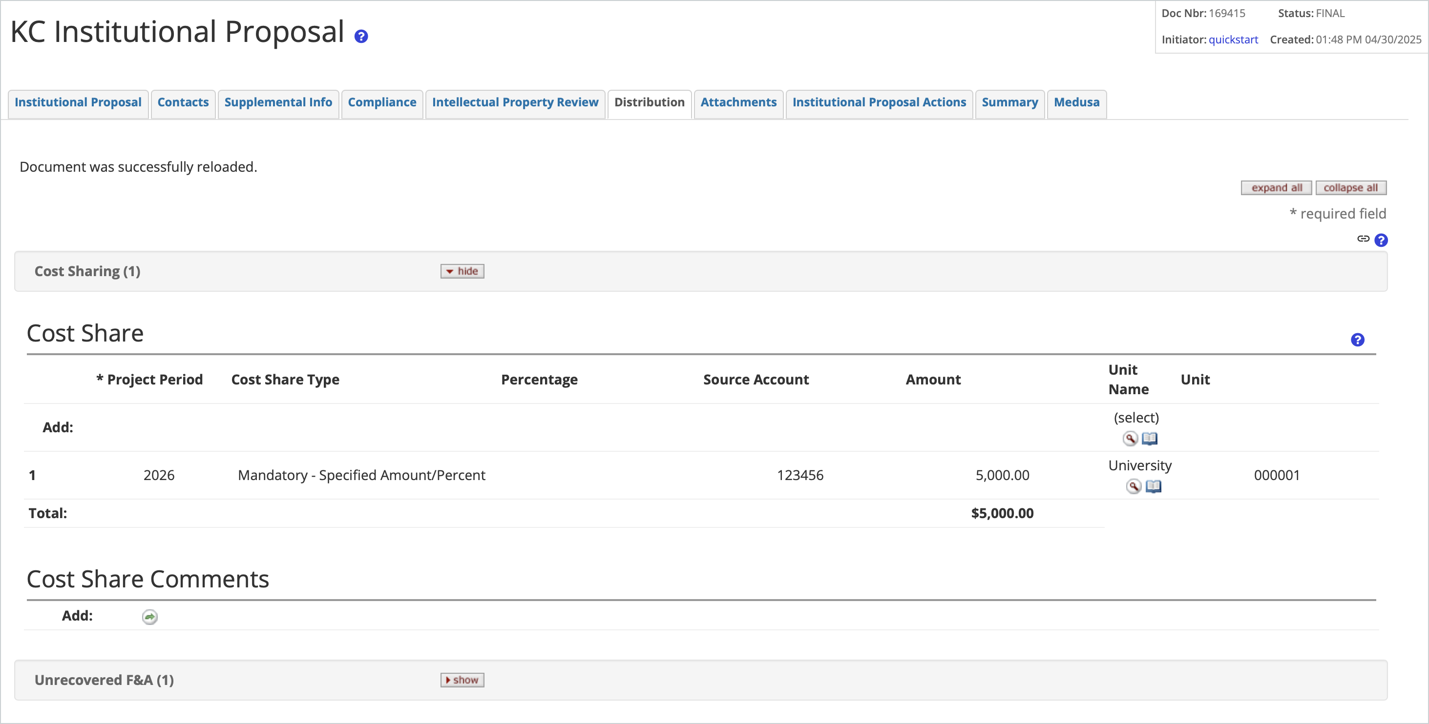 Institutional Proposal Distribution tab
