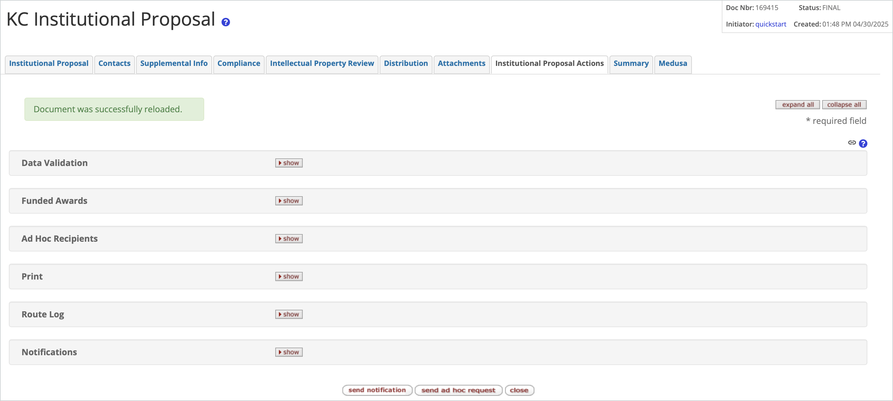 Institutional Proposal Actions tab