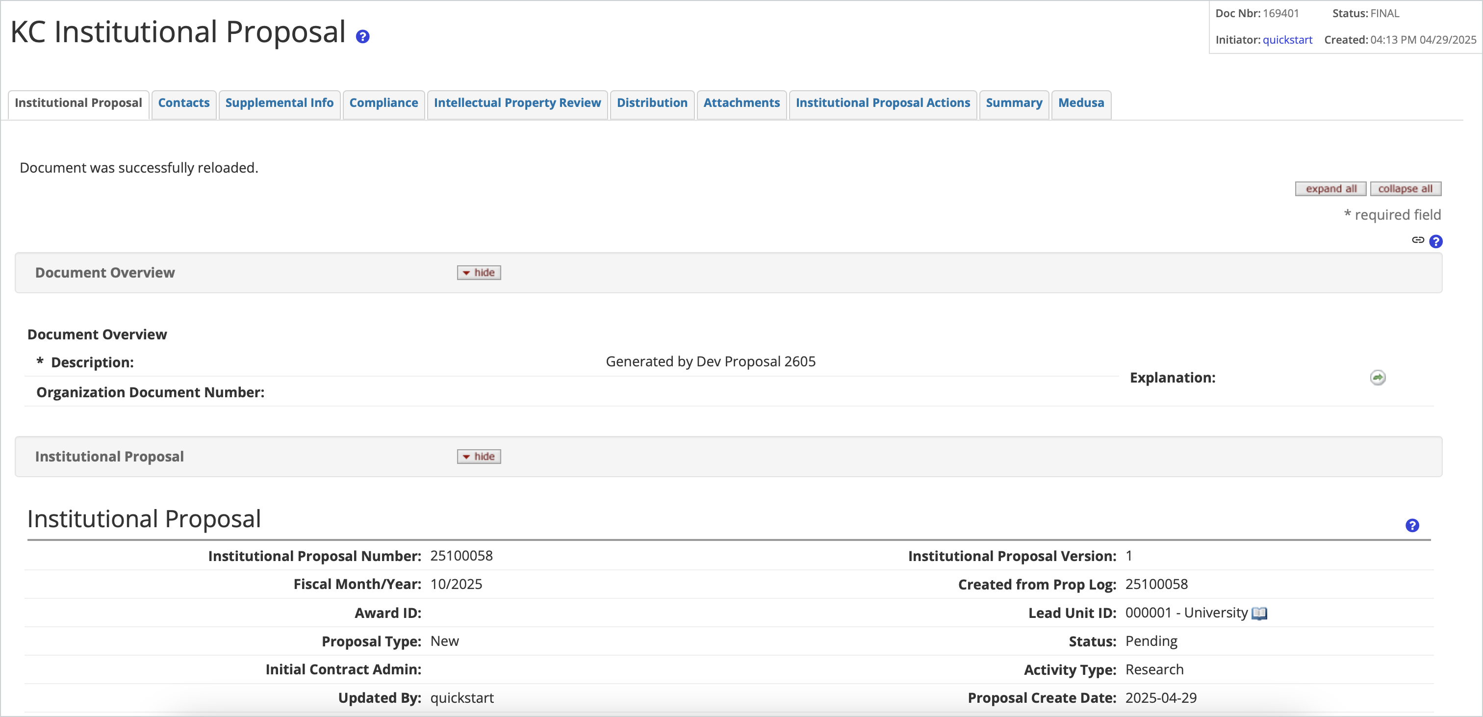 Institutional Proposal Tab
