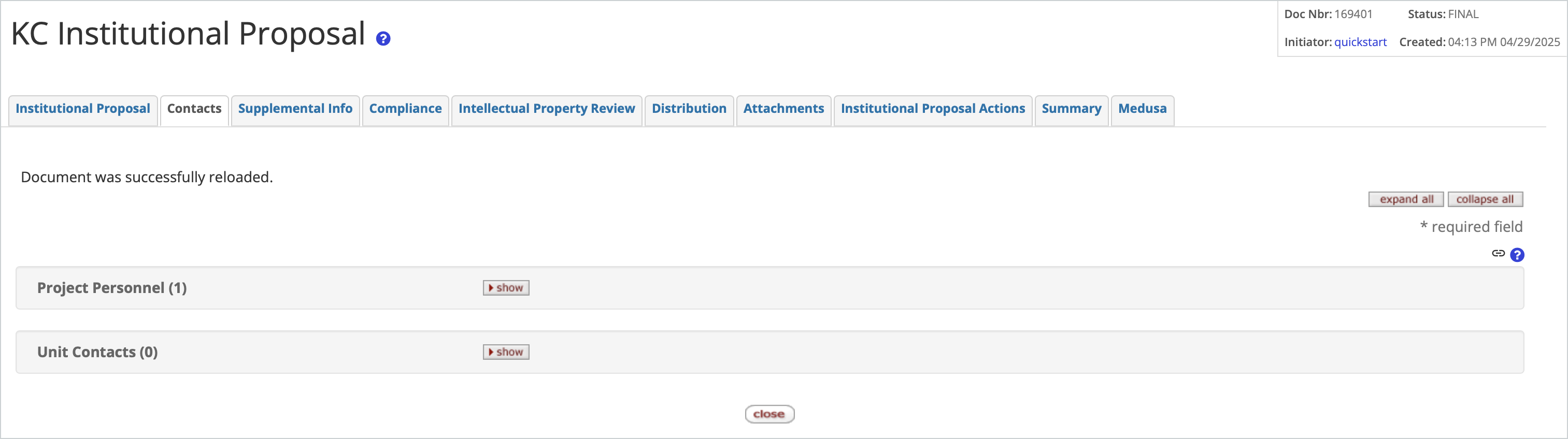 Institutional Proposal Contacts tab