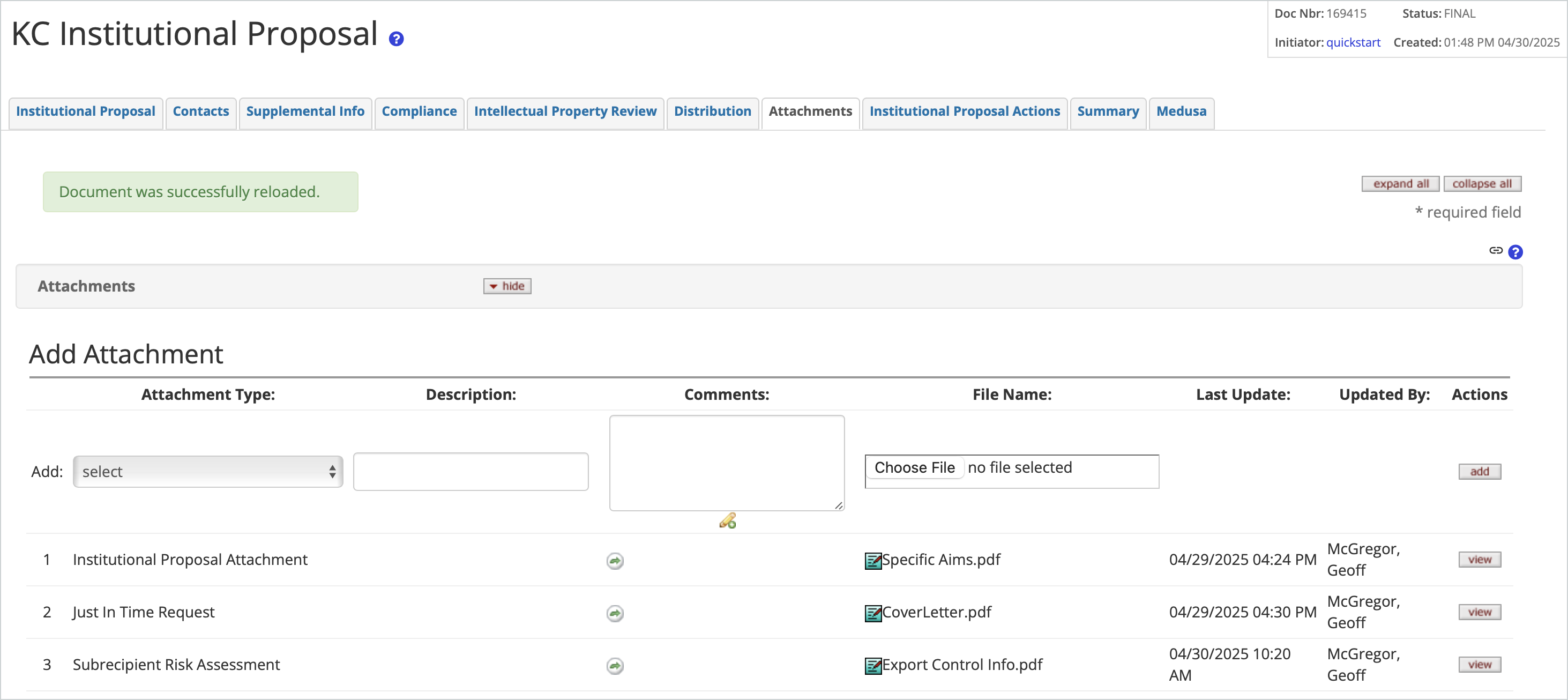 Institutional Proposal Attachments tab