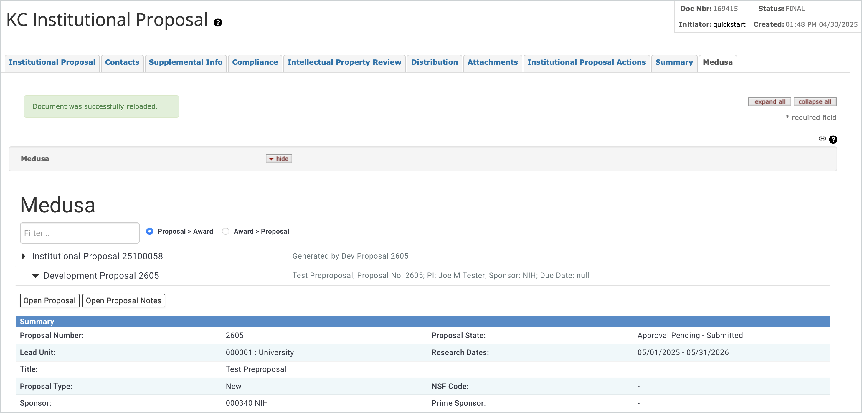 Institutional Proposal Medusa tab