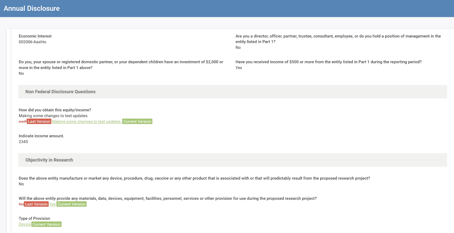 COI - Compare Changes example